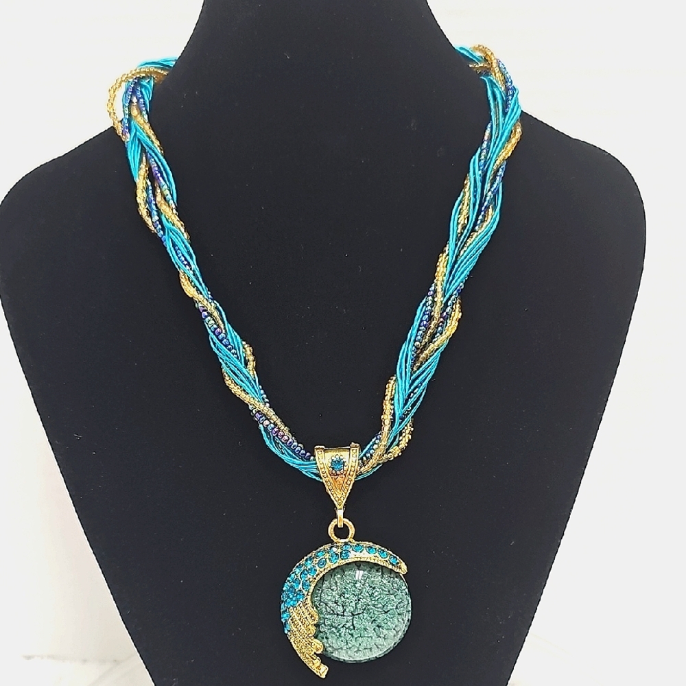 Vintage Boho Peacock Inspired with Blue Cabochon Pendant